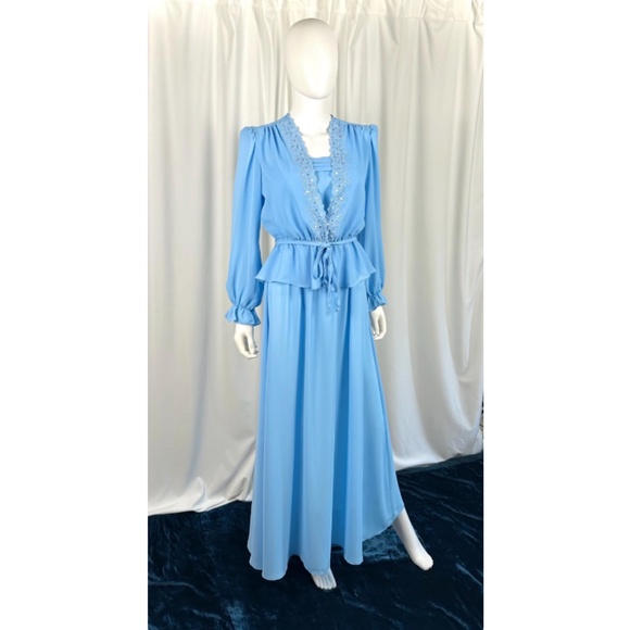Vintage 1960’s Chiffon Belted Maxi Dress + Matching Floral Jacket in Blue • S/M - Picture 4 of 10